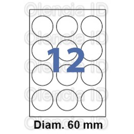 Etiquettes en planche jet/laser  Rondes diam 60 mm 12 poses boite de 100 planches