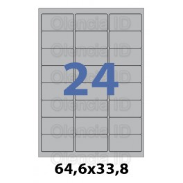 Etiquettes en planche A4 - PET Argent mat - 64,6x33,8 mm - 24 poses - pochette de 20 feuilles